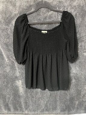 Free Kisses Black Smocked Square-Neck Puff Sleeve Blouse